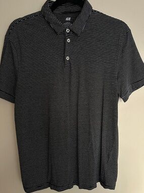 H&M Men’s Black and White Thin-Stripe Polo